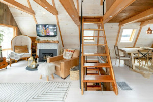Modern home living room with loft ladder